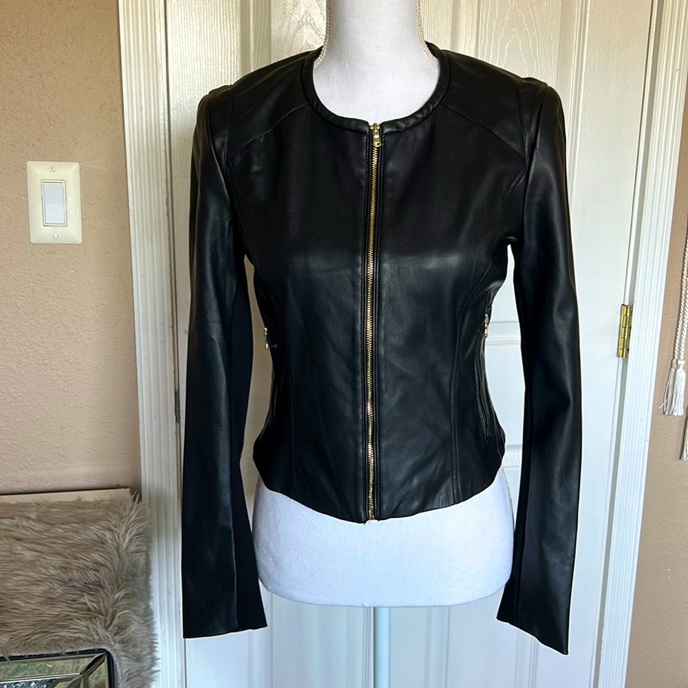 Zara black leather jacket with gold zipper pockets
